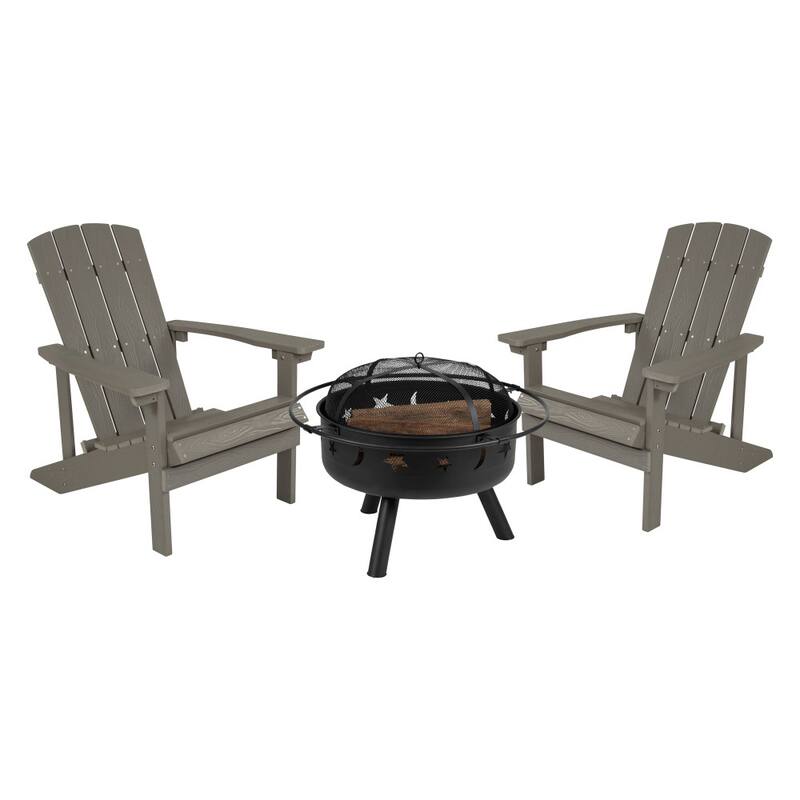 Star and Moon Fire Pit with Mesh Cover & 2 Poly Resin Adirondack Chairs