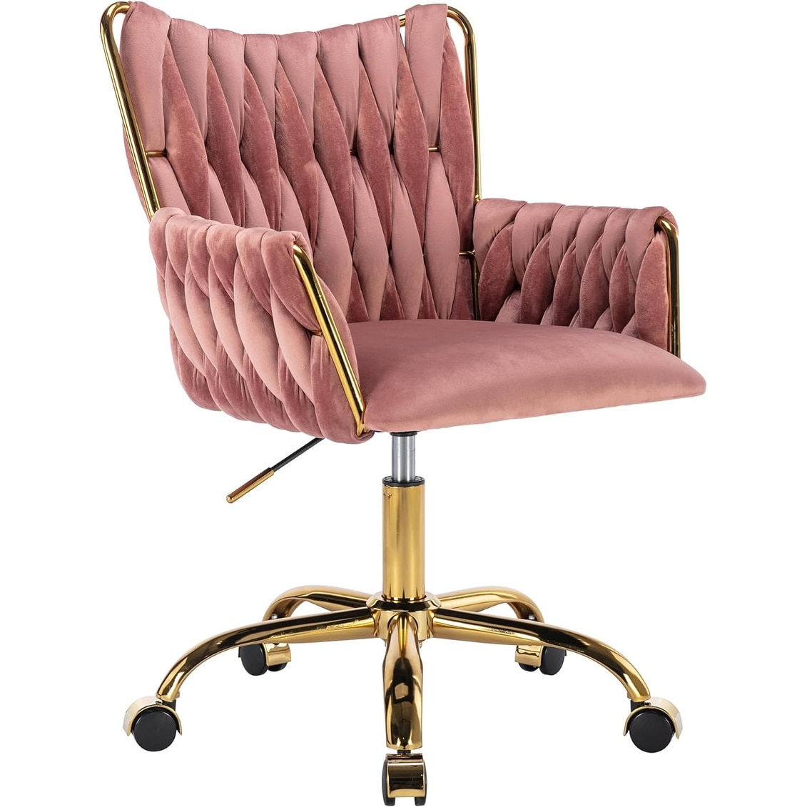 Modern Velvet Adjustable Office Chair with Hand-Woven Backrest, Golden Metal Base, and Wheels for Home or Study