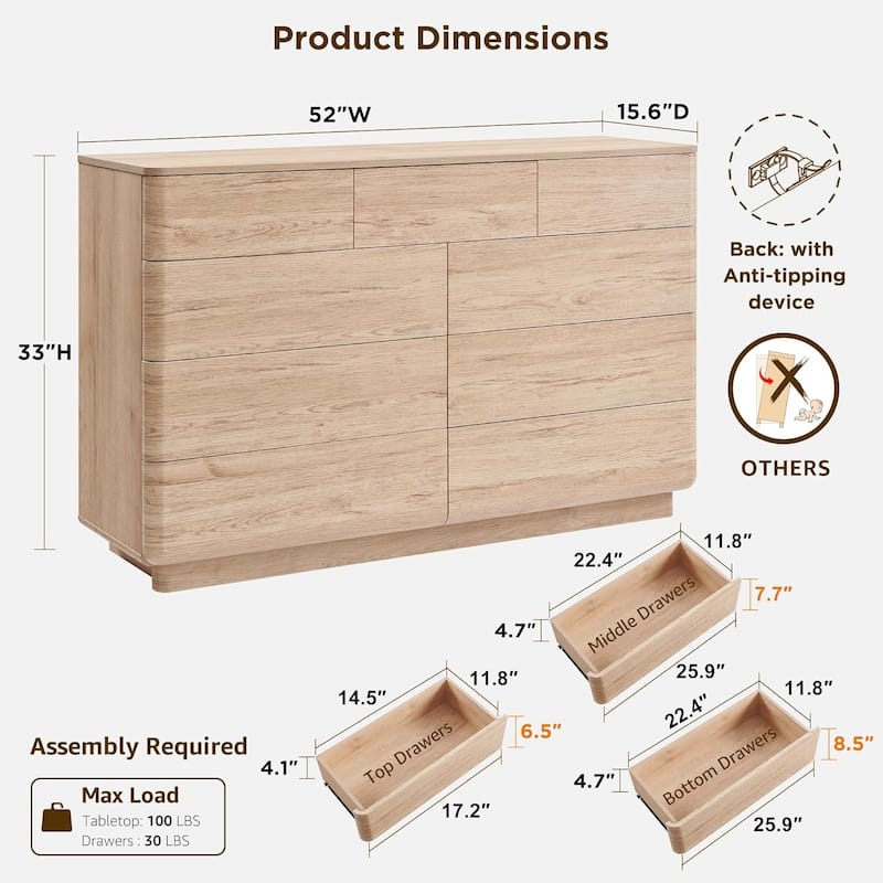 Modern 9 Drawer Dresser for Bedroom, Chest of Drawers, TV Stand