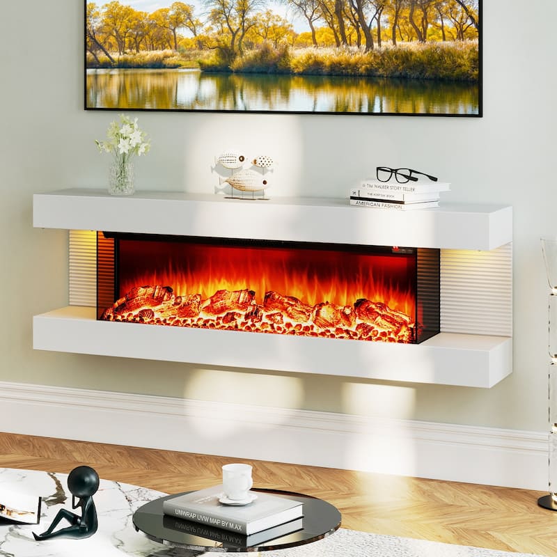 White Wall Mounted Floating Electric Fireplace with and 3-Sided Tempered Glass and Remote Control