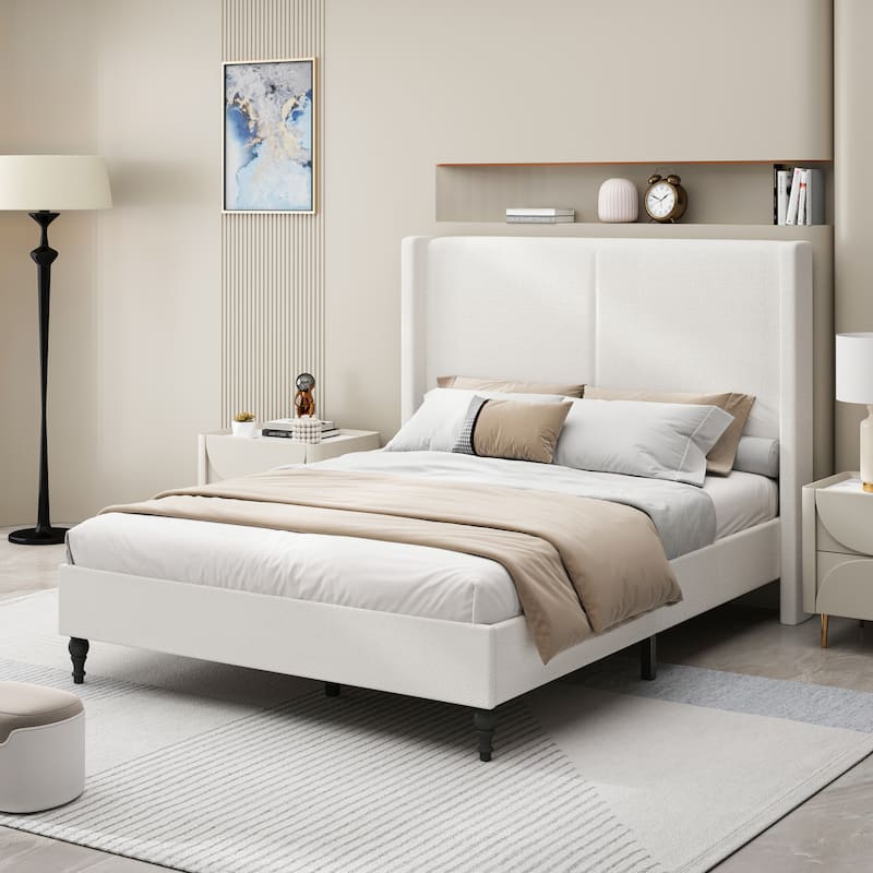 GDFStudio - Jane 55.5" High Back Upholstered Headboard Bed Frame with Slat Support and Solid Wood Feet - White - Queen