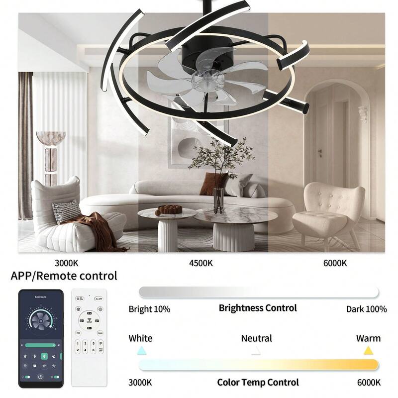 Cusp Barn 24-Inch Dimmable LED 6-DIY Shape Smart Ceiling Fan With Light, 6-Speed Reversible Ceiling Fan Light With Remote