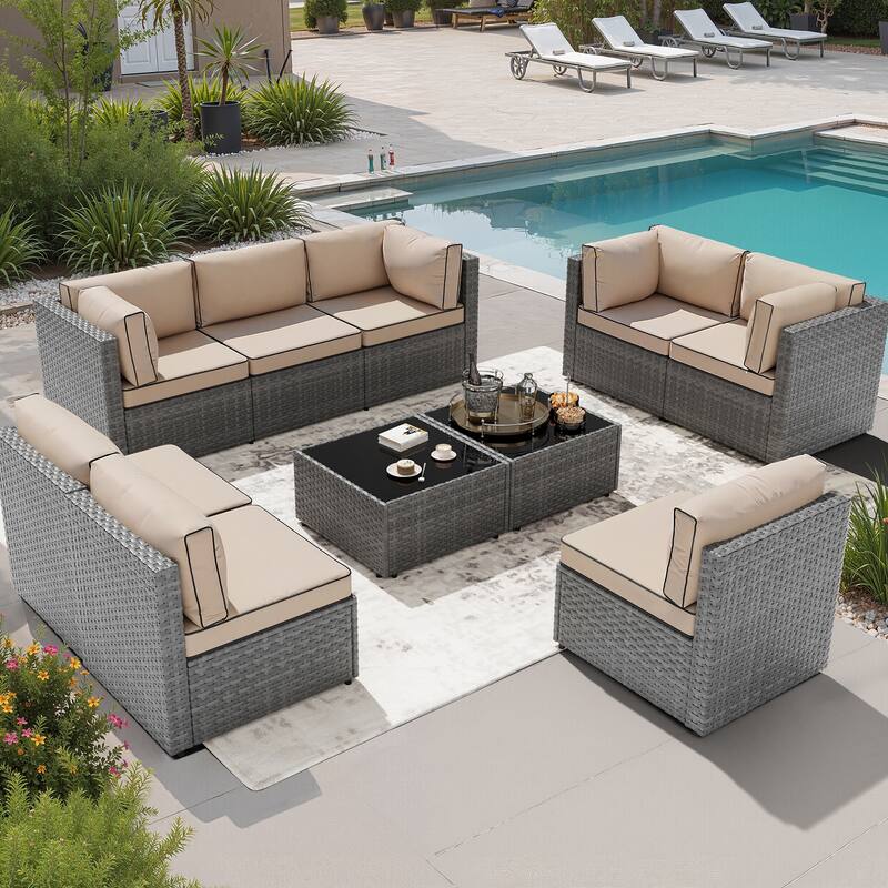 10-Piece Sectional Seating Group with Cushion, Wicker Sectional Sofa - Khaki/Silver