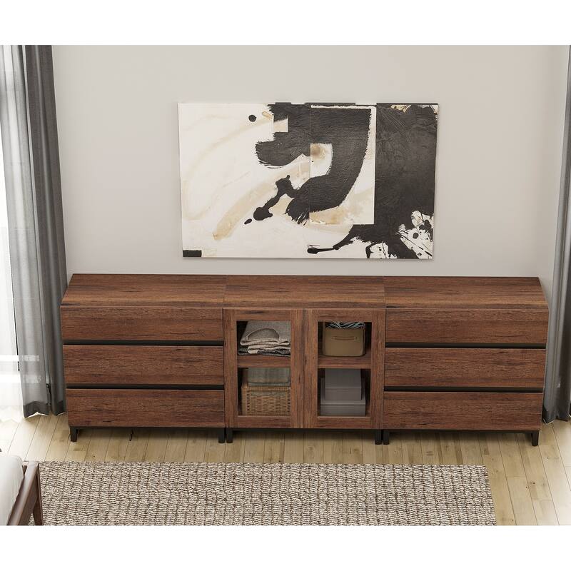 WAMPAT 3 in 1 Multifunctional Dresser with Glass Doors and 6 Drawers, Modern Chest of Drawers for Bedroom