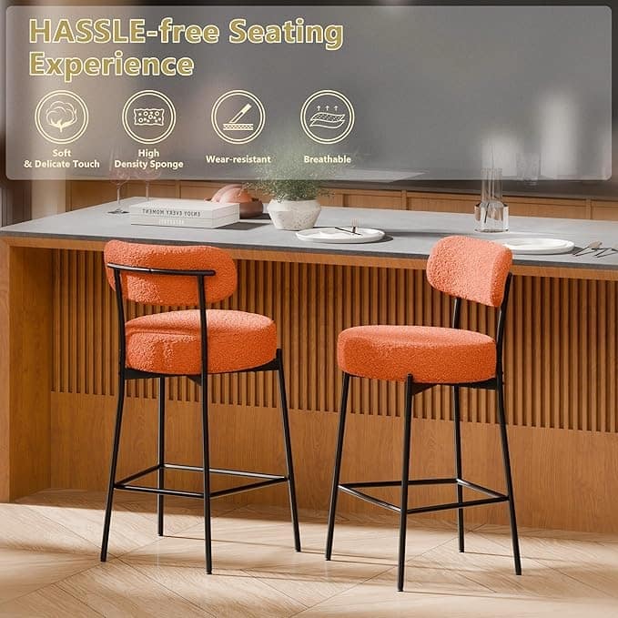 XINMICS 24 Inches Modern Counter Height Bar Stools with Curved Back Metal Legs, Upholstered Boucle Barstools, Set of 2/3/4