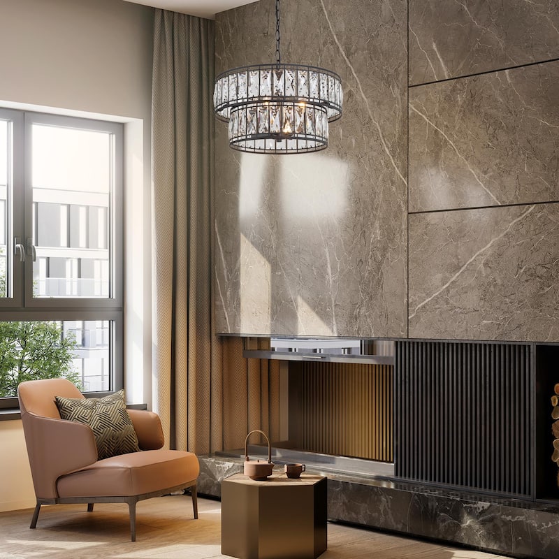 Aulia Modern Black Crystal 4-Light Drum Chandelier Lights for Dining Room - D15.5" x H10"