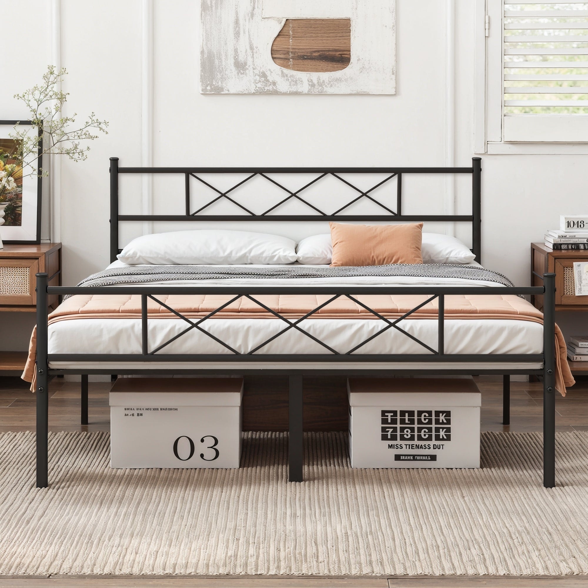 VECELO Heavy Duty Metal Bed Frame with X-Shaped Headboard Platform Bed No Box Spring Needed Sturdy Steel Frame