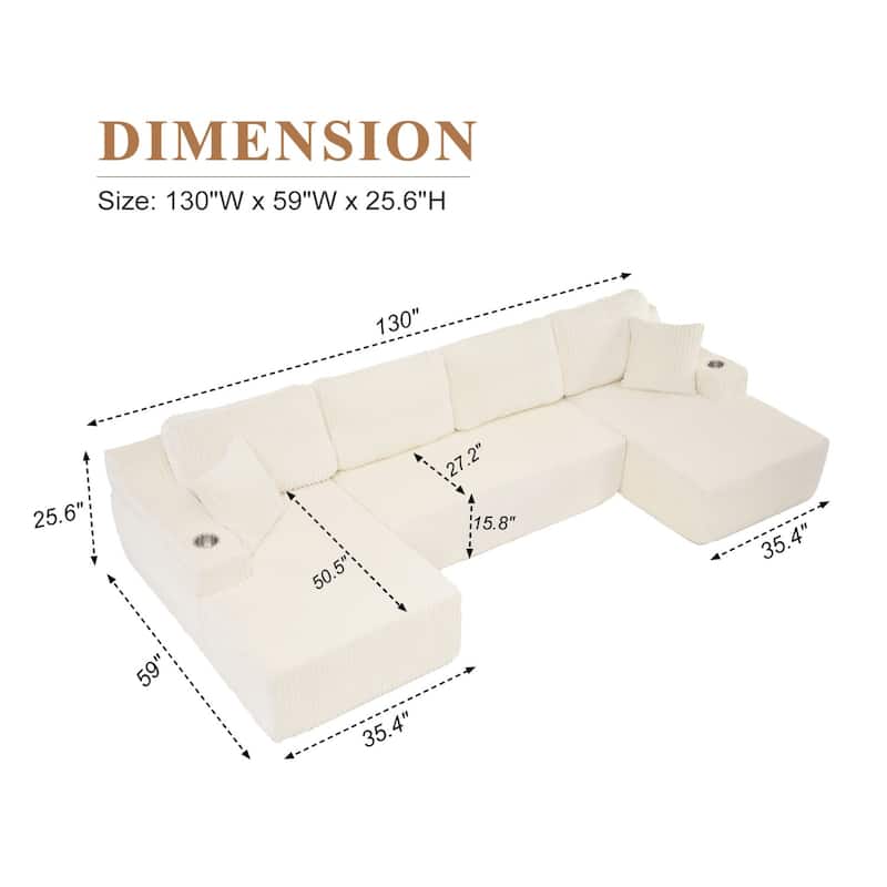 130" U-Shaped Corduroy Sectional Sofa with Cup Holders, No Assembly Required