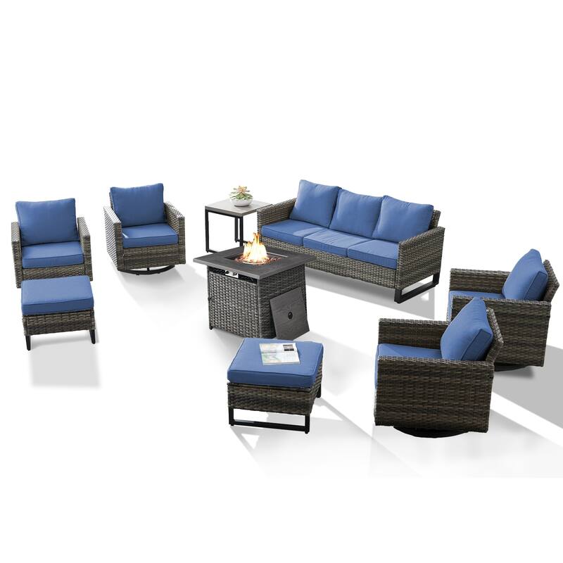 4 Patio Swivel Chairs with Sofa and Fire Pit Table