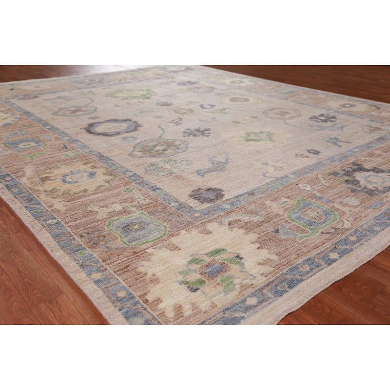 Hand Knotted Oriental 100% Wool Carpet Transitional All-Over Beige & Ivories Oushak Area Rug - 9' 9'' X 8' 1''