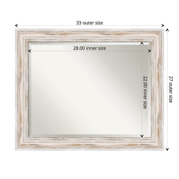 Beveled Wood Bathroom Wall Mirror - Alexandria White Wash Frame - Outer Size: 33 x 27 in