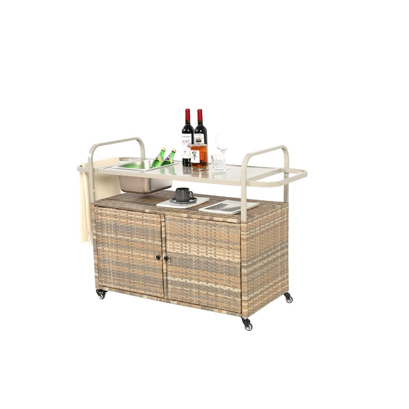 Outdoor Bar Table, Wicker Bar cart with Cabinet, Patio Serving cart with steel Top, with one ice bucket,Lockable Wheels