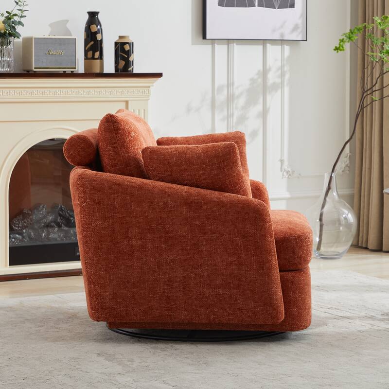 Chenille Upholstered Swivel Accent Chair, Cozy Club Chair with 2 Thorw Pillows, Oversized Lounge Armchair with Metal Base