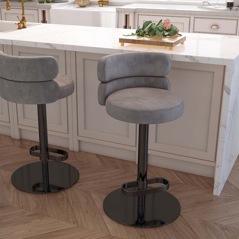 Modern Velvet Bar Stool with Height Adjustment and 360-Degree Swivel - Black/Grey