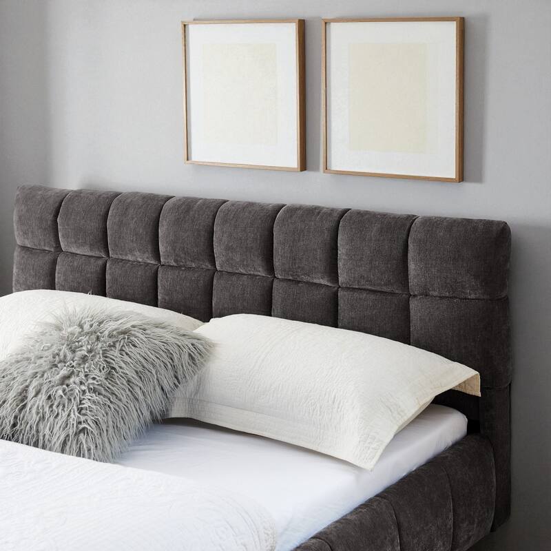 Queen Upholstered Platform Bed with Chenille Fabric, Soft Headboard & Underbed Storage Drawer, Solid Bed Frame