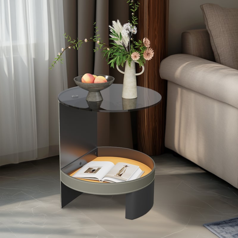 ARTLOGE 2-Tier Glass End Table Distinctive End Table with Tempered Glass-top Saddle Leather Shelf Accent Table for Bedroom