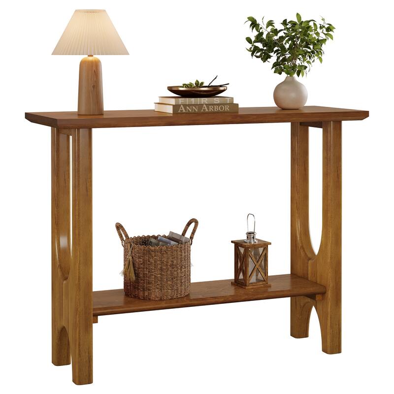 2-Tier Console Table with Shelf, Entryway Table with Solid Wood Legs