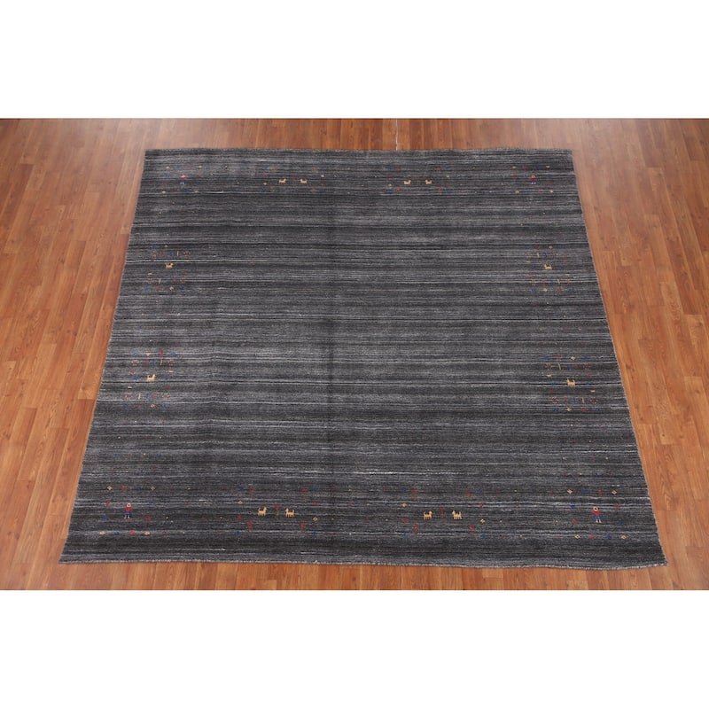 Striped Gabbeh Oriental Square Area Rug Hand-Knotted Wool Carpet - 8'1" x 7'10"