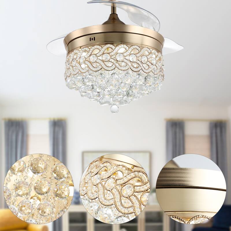 CurveCurio 42" Crystal Retractable Ceiling Fan Chandelier with 3-Color-Tone LED light Kit w Remote Control for Bedroom