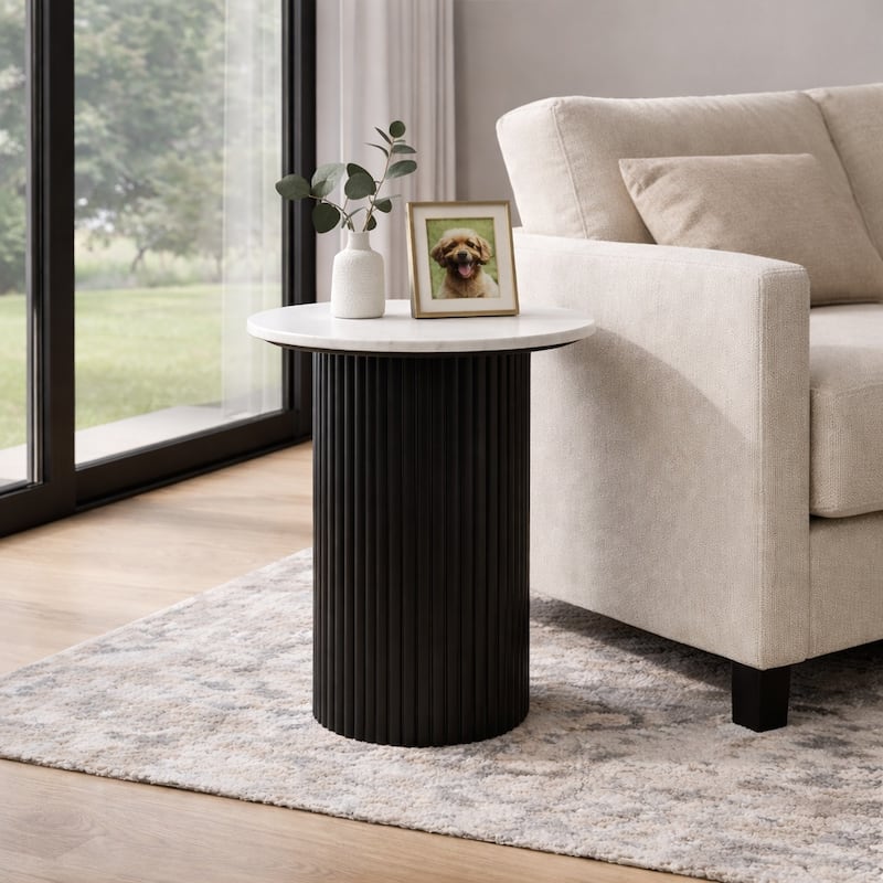 Modern Round Stone Top End Side Table with Mango Wood Base - 22" - 22.25"