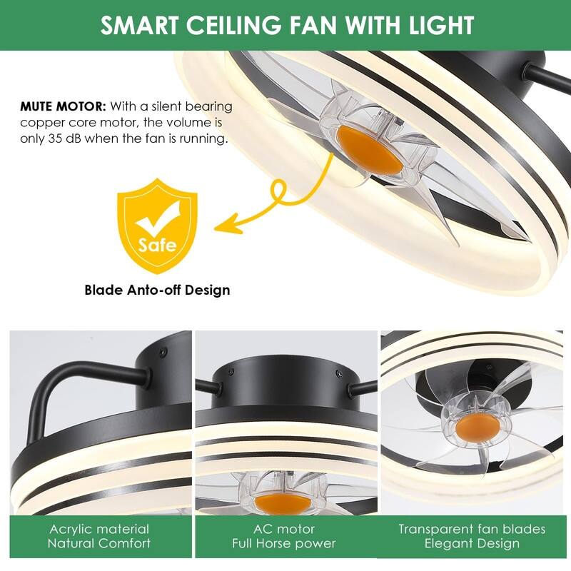 Low Profile Ceiling Fan with Light - Modern Flush Mount Ceiling Fan