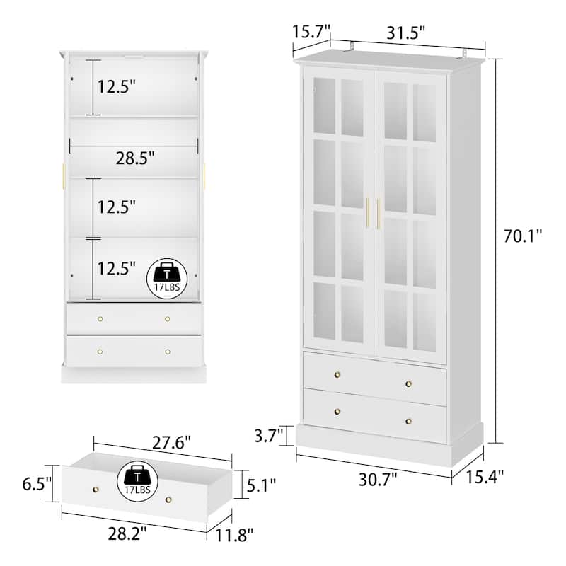 Glass Cabinet 70.1"White Display Curio Storage Cabinet with Glass Door