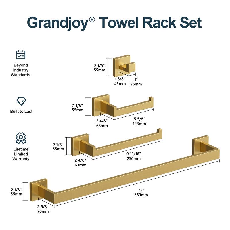 GRANDJOY 10" Rainfall Shower System with 4-Piece Bathroom Towel Bar Hardware Set Combo