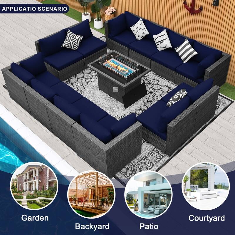 FINCATI Outdoor Grey Wicker Sectional Furniture Patio Sofa Set with Firepit Table