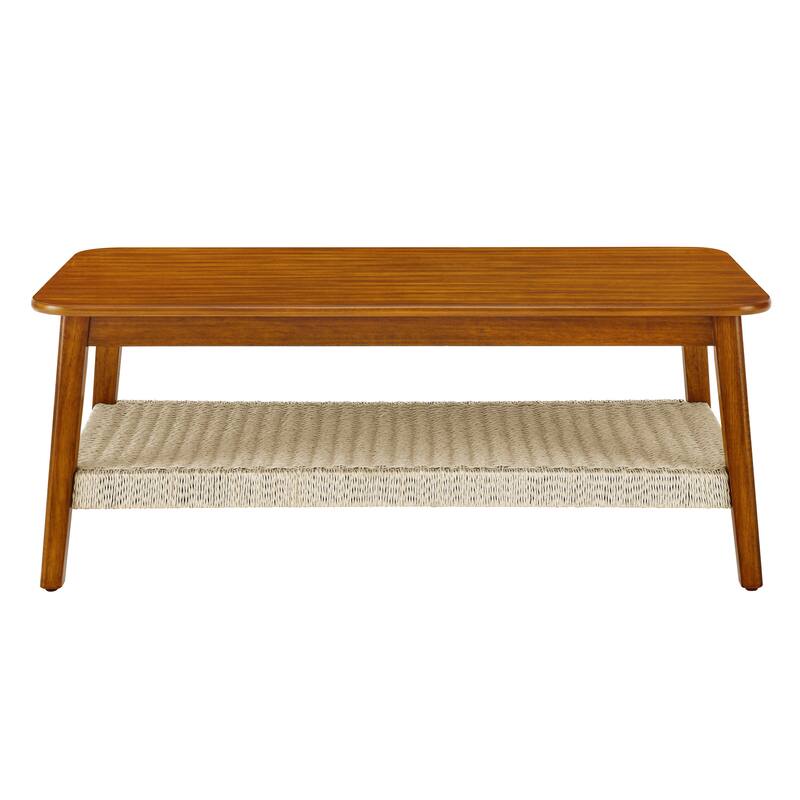 Mid-Century Coffee Table Bohemian Rattan Coffee Table Farmhouse Rectangular Tea Table with Woven Shelves, for Living Room