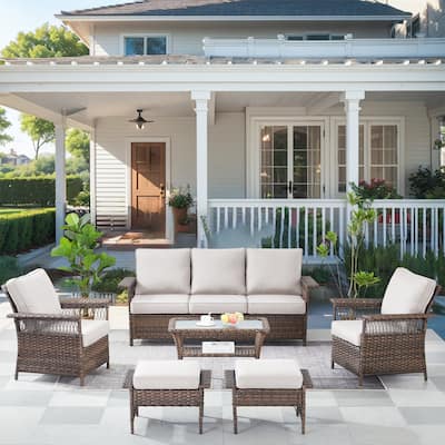 Patio Chair High Back Sofa,Ottomans and Coffee Table - Brown
