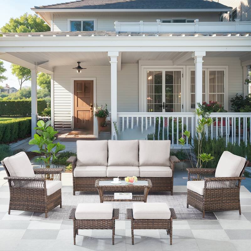 Pocassy Outdoor Swivel Chairs with Sofa Chair Ottoman and Table Set - Brown Wicker Beige Cushion - 6-Piece Sofa Patio Chair Ottoman with Table