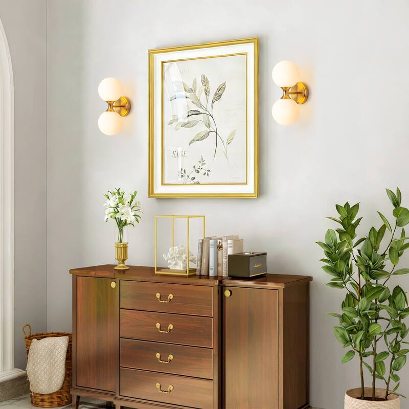 2-Light 13.7 in. Modern Brass Frosted Glass Globe Bathroom Vanity Light Up & Down Wall Sconce