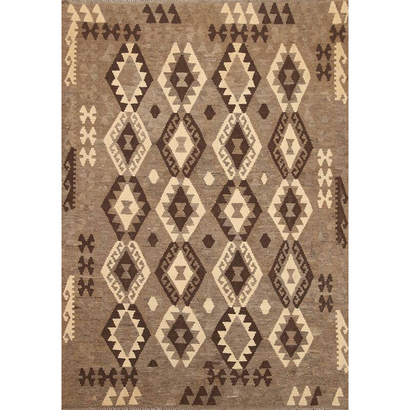 Hand Woven Oriental 100% Wool Carpet Southwestern Geometric Brown Kilim Area Rug - 6' 8'' X 5' 2''