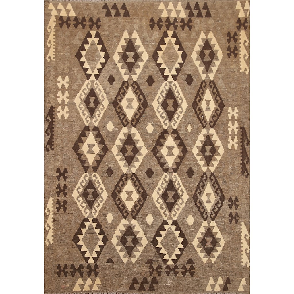 Hand Woven Oriental 100% Wool Carpet Southwestern Geometric Brown Kilim Area Rug - 6' 8'' X 5' 2''