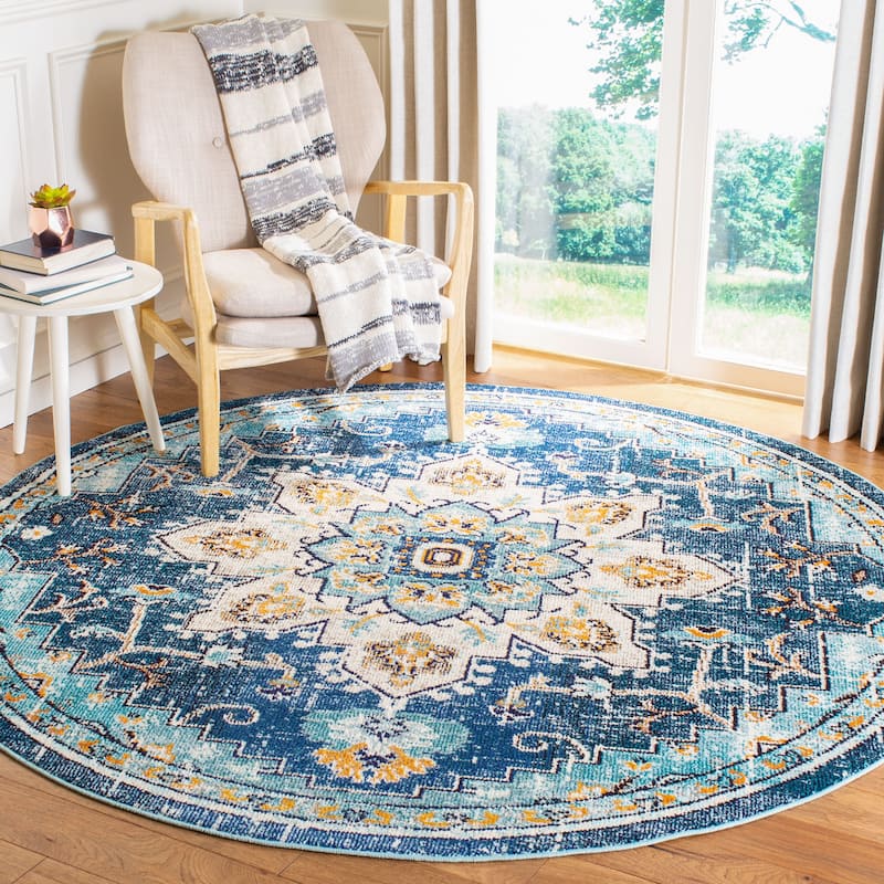 SAFAVIEH Madison Diederike Boho Medallion Distressed Rug - 5' Round - Blue/Light Blue - Round
