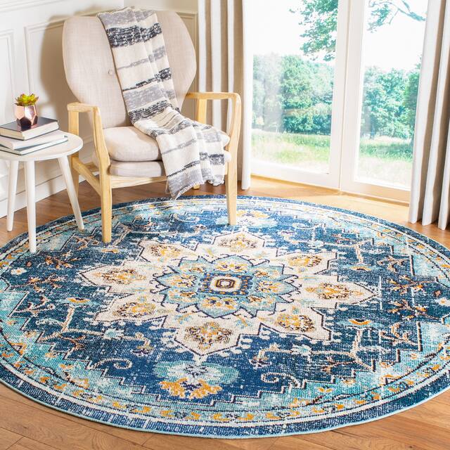 SAFAVIEH Madison Diederike Boho Medallion Distressed Rug - 3' x 3' Round - Blue/Light Blue