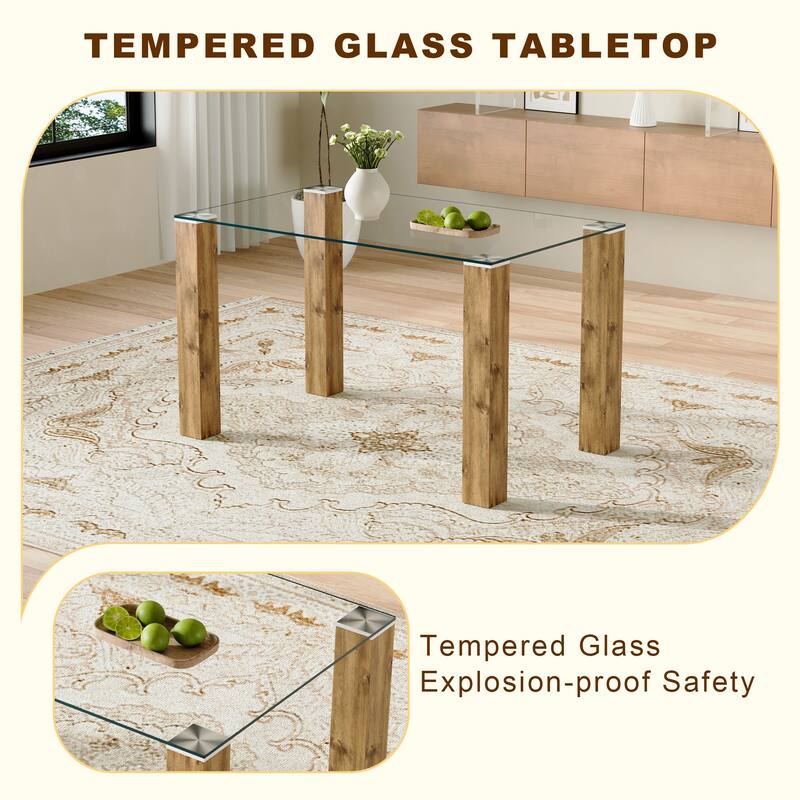 Roomfitters 5pcs Glass Dining Table Set with Natural MDF Legs and Linen High Resilience Chairs, Black
