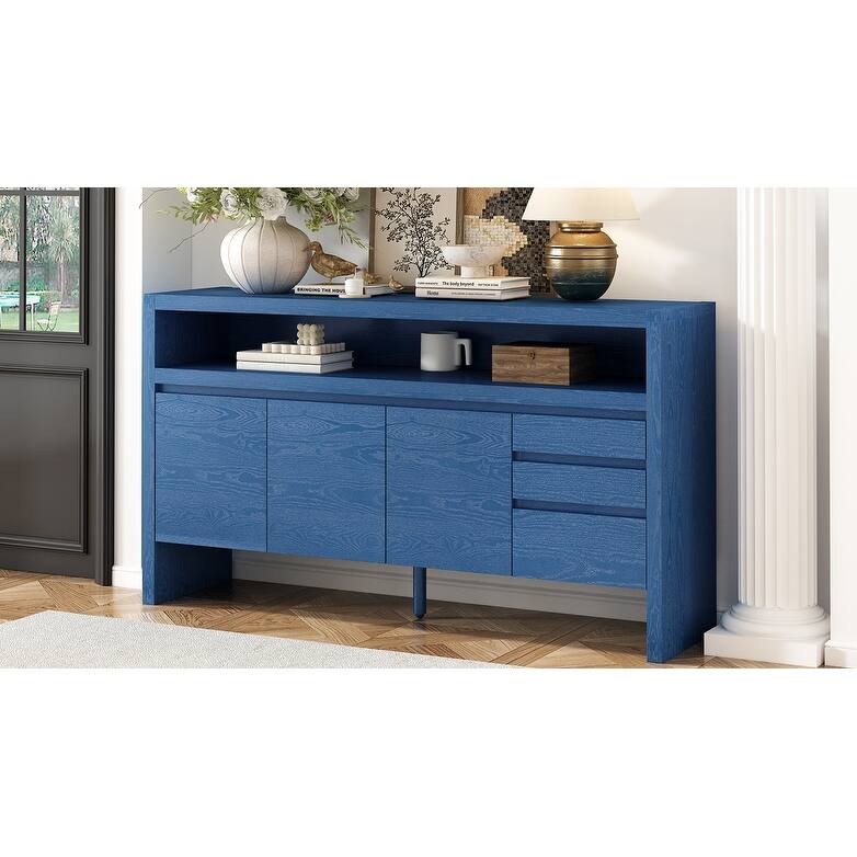 60" 3-Door Sideboard with 3 Drawers-Ash Veneer MDF Sideboard,Semi-Open Shelf，Center Semi-Circular Cutout,Storage Cabinet