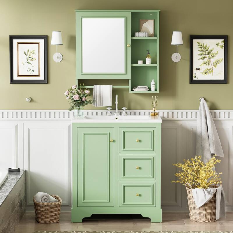 30-inch bathroom vanity with sink, bathroom storage cabinet with 3 drawers , freestanding vanity set with mirror cabinet - Green