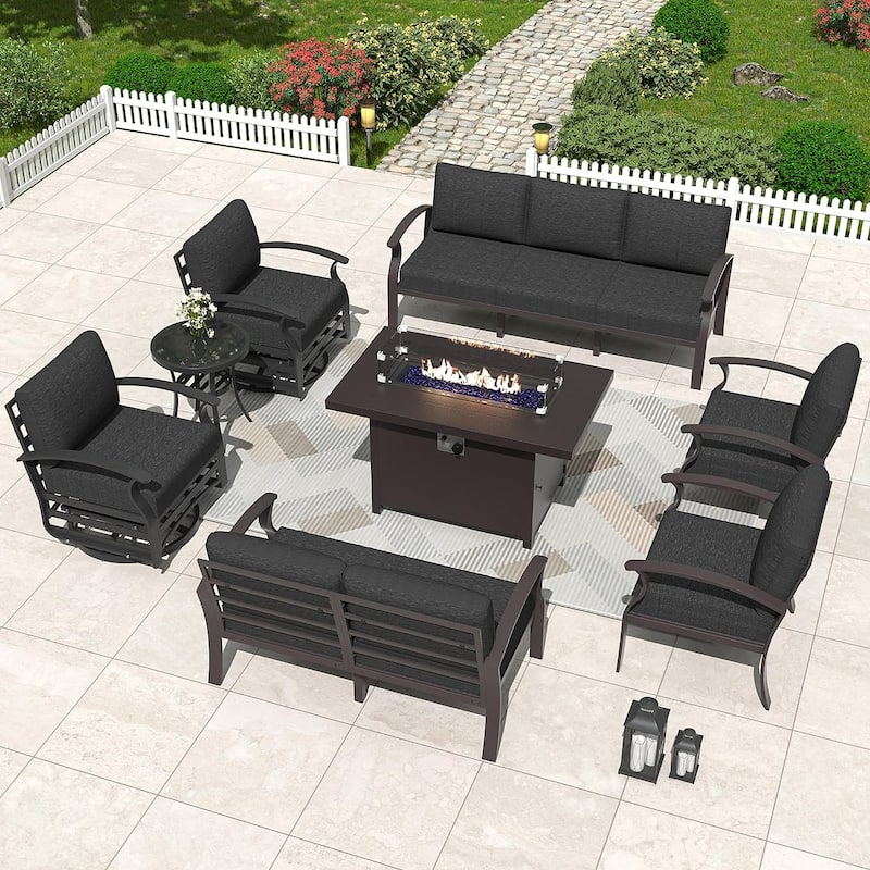 Kullavik Aluminum Outdoor Patio Furniture with Curved Armrests & Firepit Table - 9 seats w/FirePit - Black