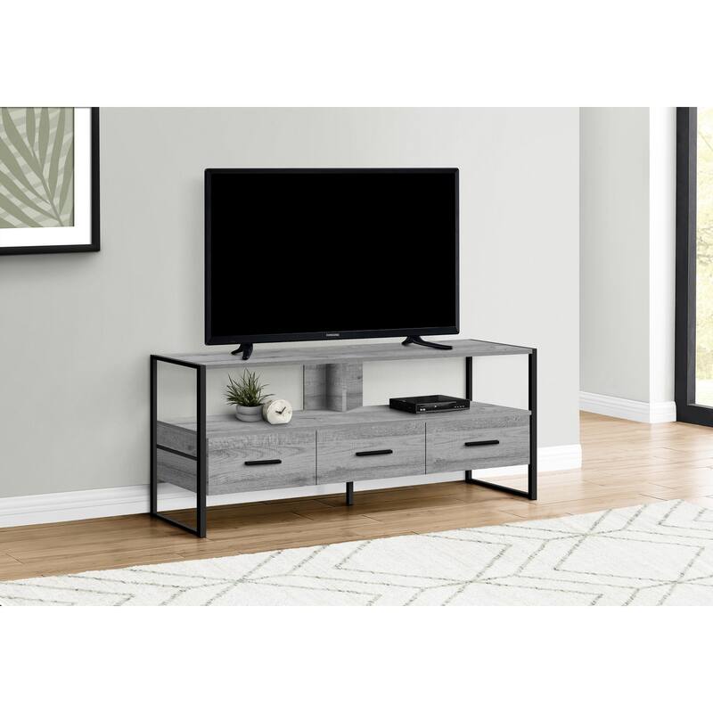Modern 48" TV Stand, Industrial Design with 3 Storage Drawers & Open Shelves, Black Metal Frame