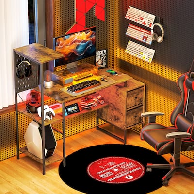 RGB LED Lighted Gaming Desk with USB Charging Ports and Monitor Stand Storage Shelves