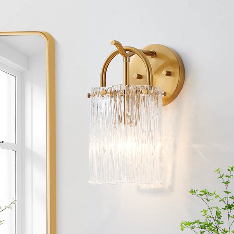 KAWOTI 1-Light Modern Glam Wall Sconce with Textured Glass Shade - Brushed Gold