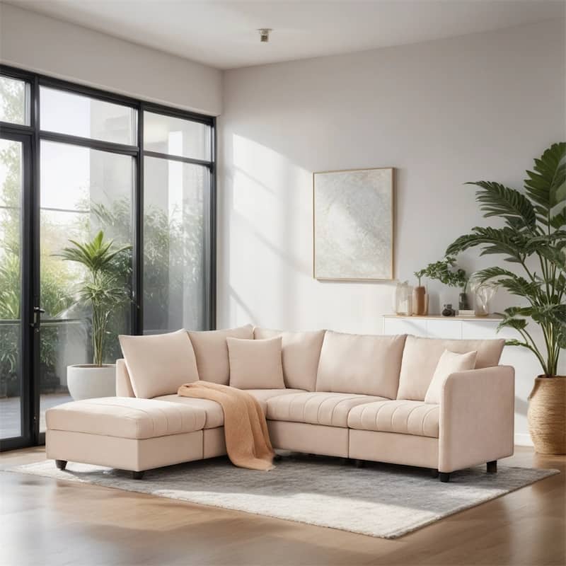 Sectional Sofa w/Vertical Stripes,5-Seat Couch w/Convertible Ottoman
