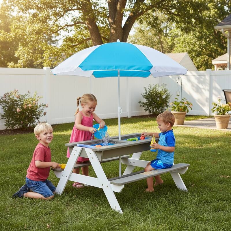 Wooden Kids Picnic Table, Sand and Water Table with Umbrella, Activity Table for Outdoor Backyard Patio Play