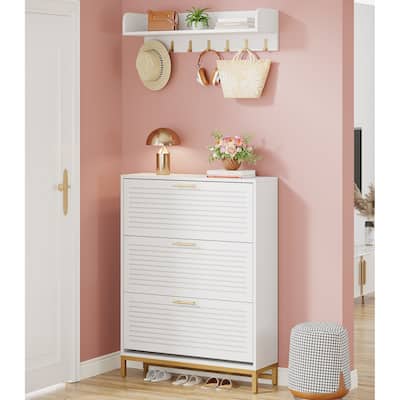 Freestanding Tipping Bucket Shoe Cabinet with Wall Mount Coat Rack for Entryway Living Room