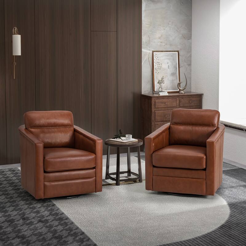 Jorge 28.74" Wide Genuine Leather Swivel Chair Set of 2 - BROWN