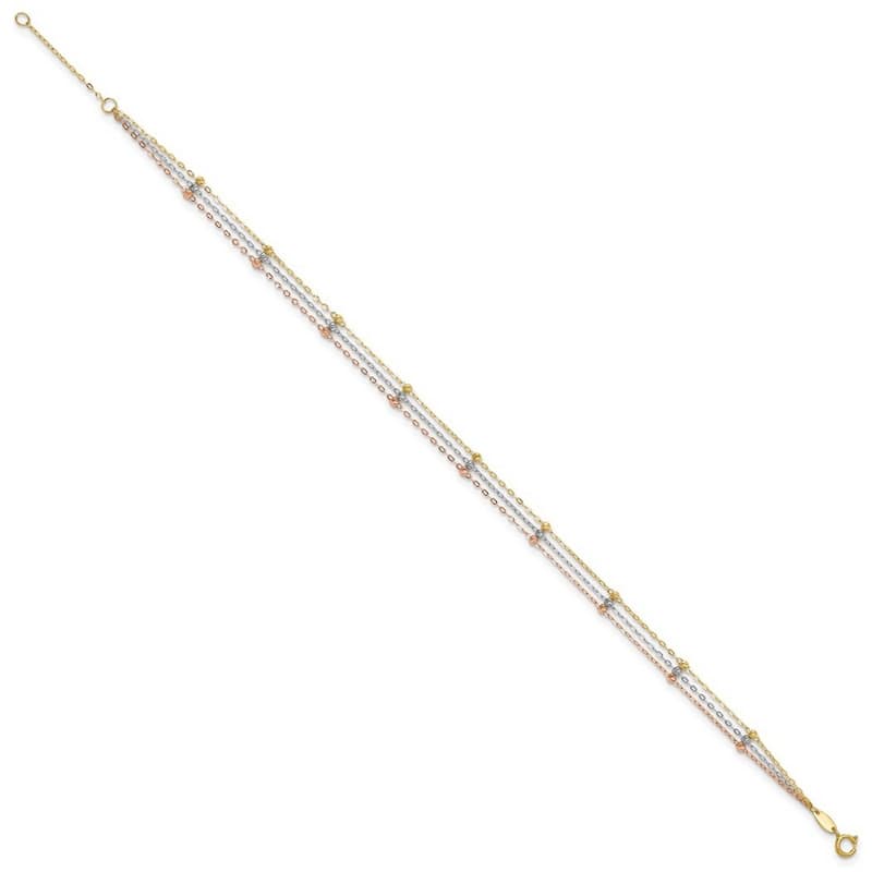 Curata Women's 14k Tri-color 3-strand Diamond-Cut Beaded Anklet - 10 Inch