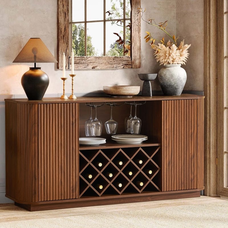 Modern 58" Fluted Curved Sideboard Multifunctional Storage Cabinet with Wine Rack and Adjustable Shelves
