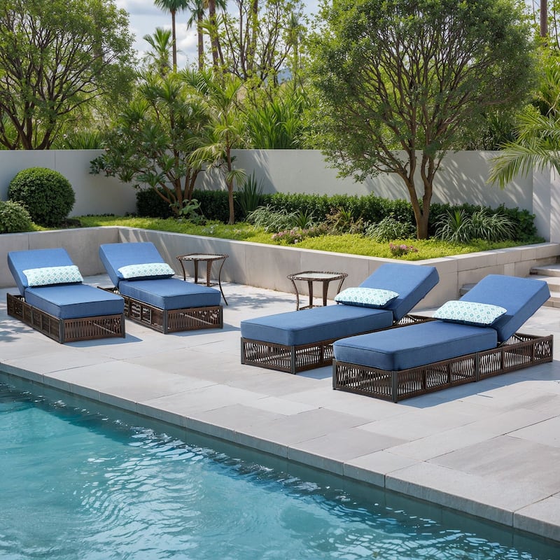 Gymojoy Patio Chaise Lounge Chair, Luxury Recliner with 6-Position Backrest & 5-Inch Cushions Set of 4 with 2 Side Tables - Blue